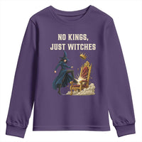 No Kings Just Witches Youth Sweatshirt Feminist Witch Kicking Throne Protest - Wonder Print Shop