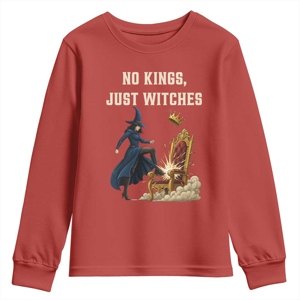No Kings Just Witches Youth Sweatshirt Feminist Witch Kicking Throne Protest - Wonder Print Shop