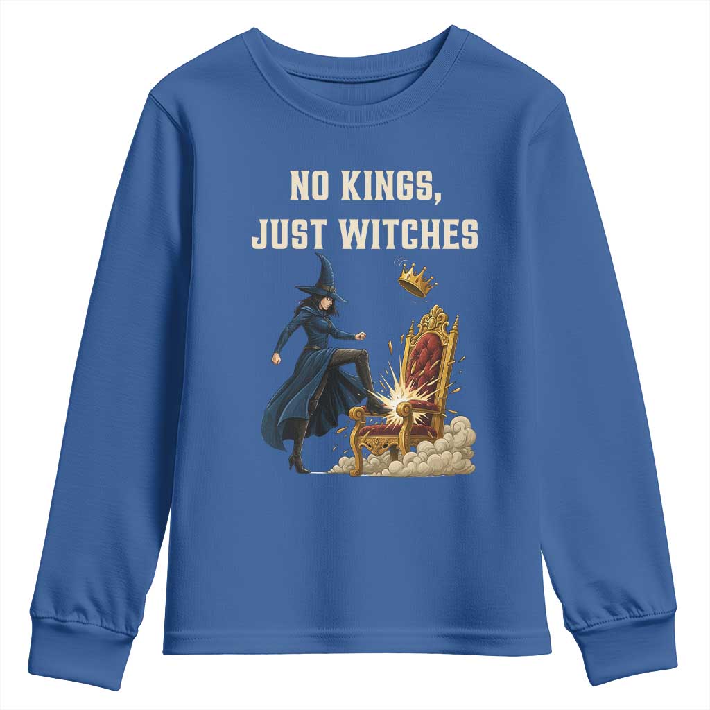 No Kings Just Witches Youth Sweatshirt Feminist Witch Kicking Throne Protest - Wonder Print Shop
