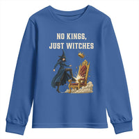 No Kings Just Witches Youth Sweatshirt Feminist Witch Kicking Throne Protest - Wonder Print Shop