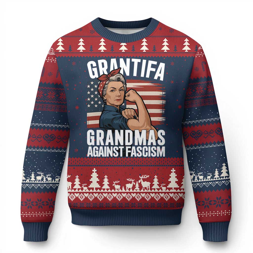 Patriotic Grantifa Ugly Christmas Sweater Grandmas Against Fascism Protest American Flag - Wonder Print Shop