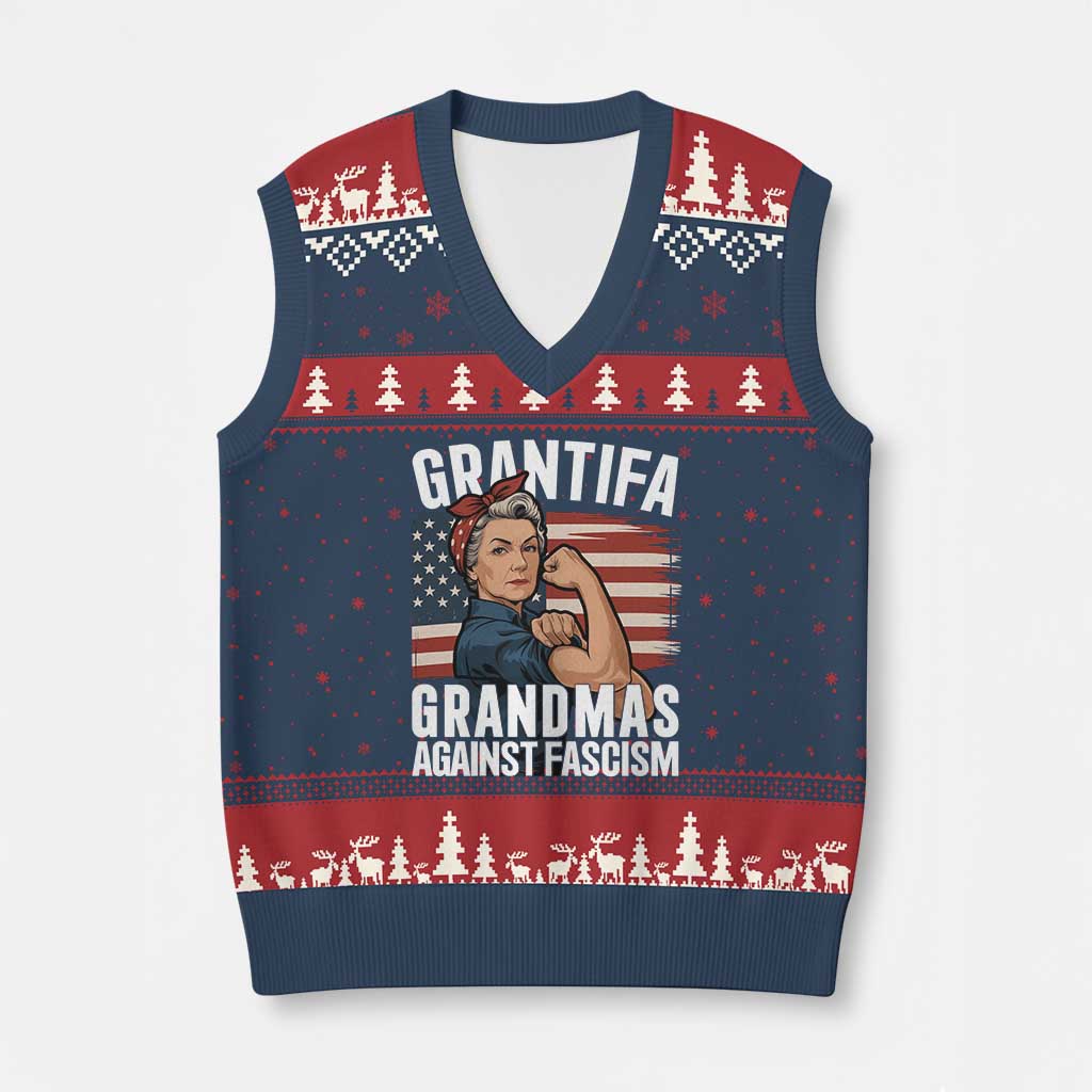 Patriotic Grantifa V-Neck Knit Sweater Vest Grandmas Against Fascism Protest American Flag - Wonder Print Shop