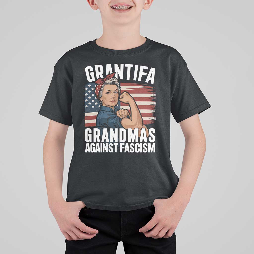 Patriotic Grantifa T Shirt For Kid Grandmas Against Fascism Protest American Flag - Wonder Print Shop