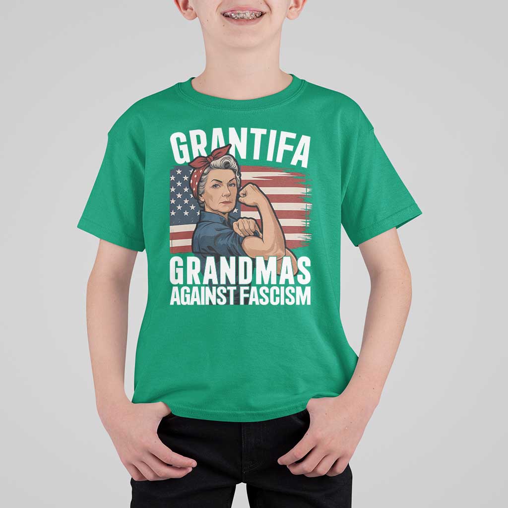 Patriotic Grantifa T Shirt For Kid Grandmas Against Fascism Protest American Flag - Wonder Print Shop