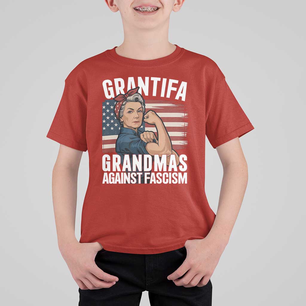 Patriotic Grantifa T Shirt For Kid Grandmas Against Fascism Protest American Flag - Wonder Print Shop