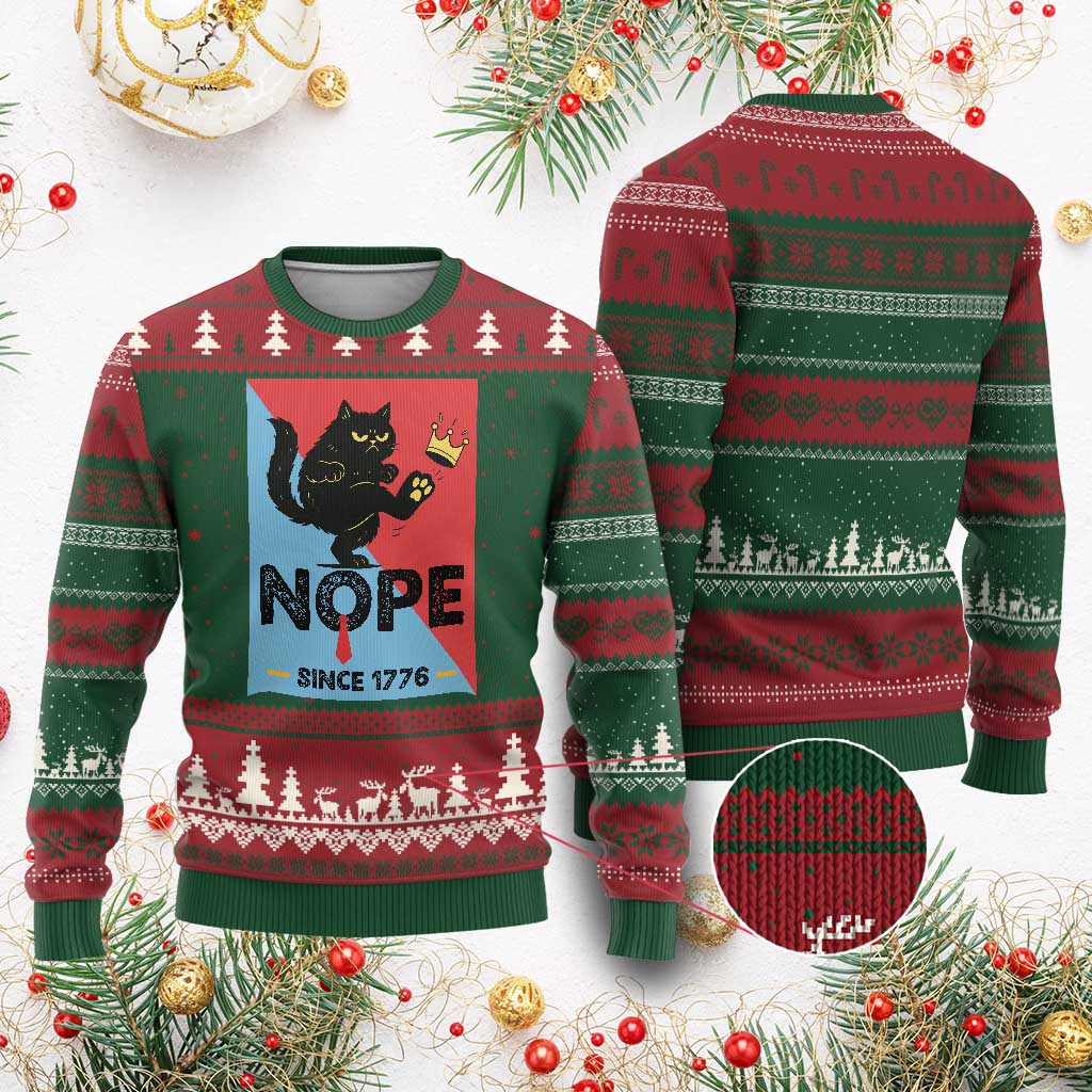 Nope Since 1776 Sarcastic Black Cat Ugly Christmas Sweater Funny No Kings In America Patriotic Protest - Wonder Print Shop