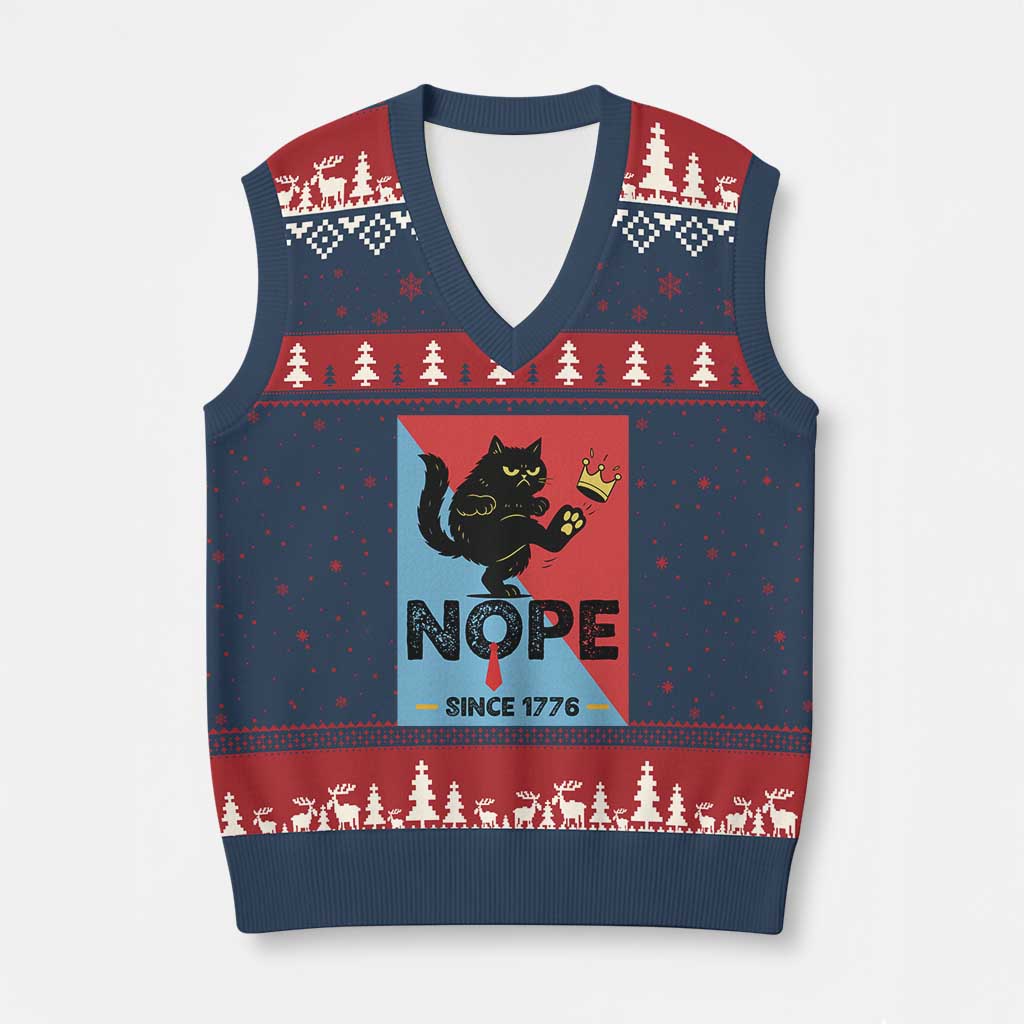 Nope Since 1776 Sarcastic Black Cat V-Neck Knit Sweater Vest Funny No Kings In America Patriotic Protest - Wonder Print Shop
