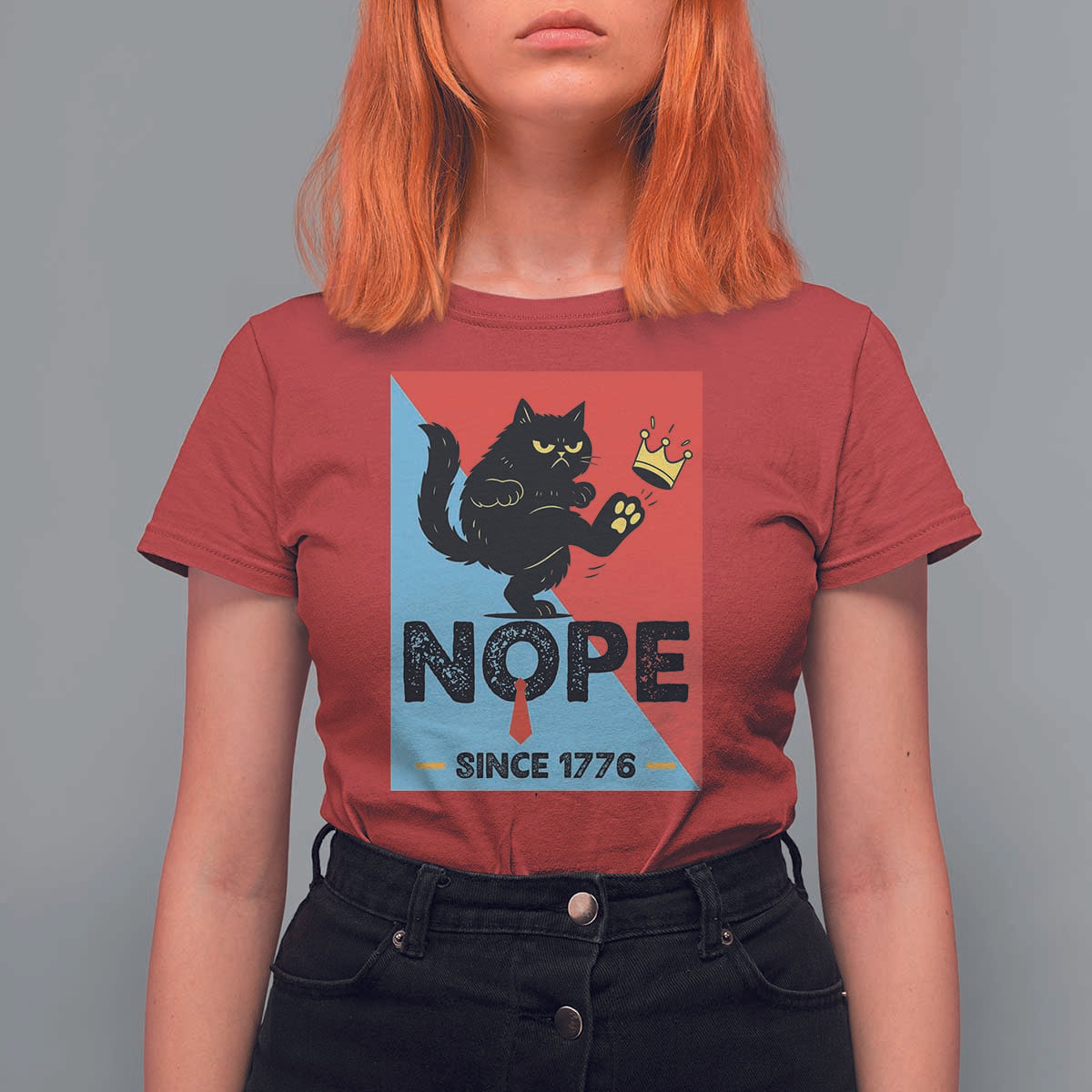 Nope Since 1776 Sarcastic Black Cat T Shirt For Women Funny No Kings In America Patriotic Protest - Wonder Print Shop
