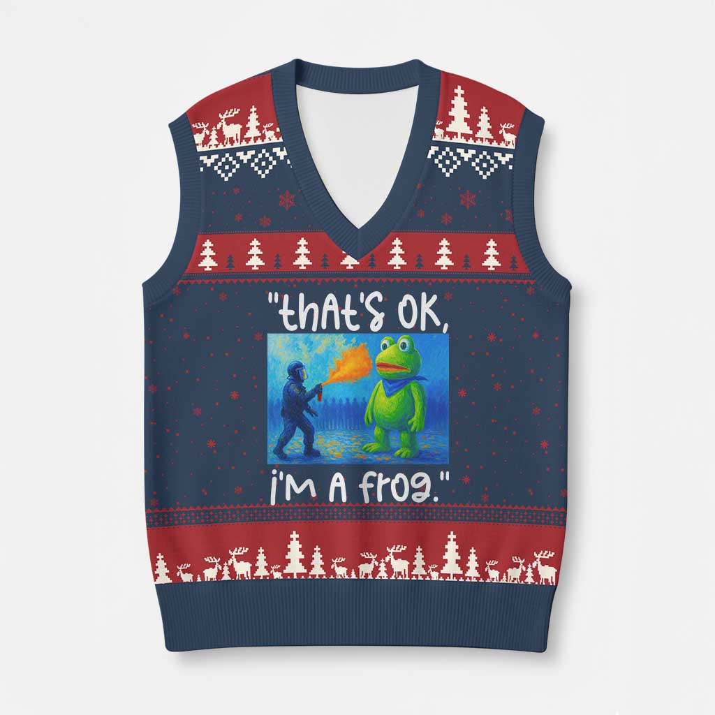 Funny Portland Frog Protest V-Neck Knit Sweater Vest Thats OK Im A Frog Pepper Spray - Wonder Print Shop