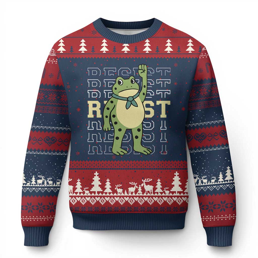Resist Raised Fist Frog Ugly Christmas Sweater Portland Protest Freedom Fighter - Wonder Print Shop