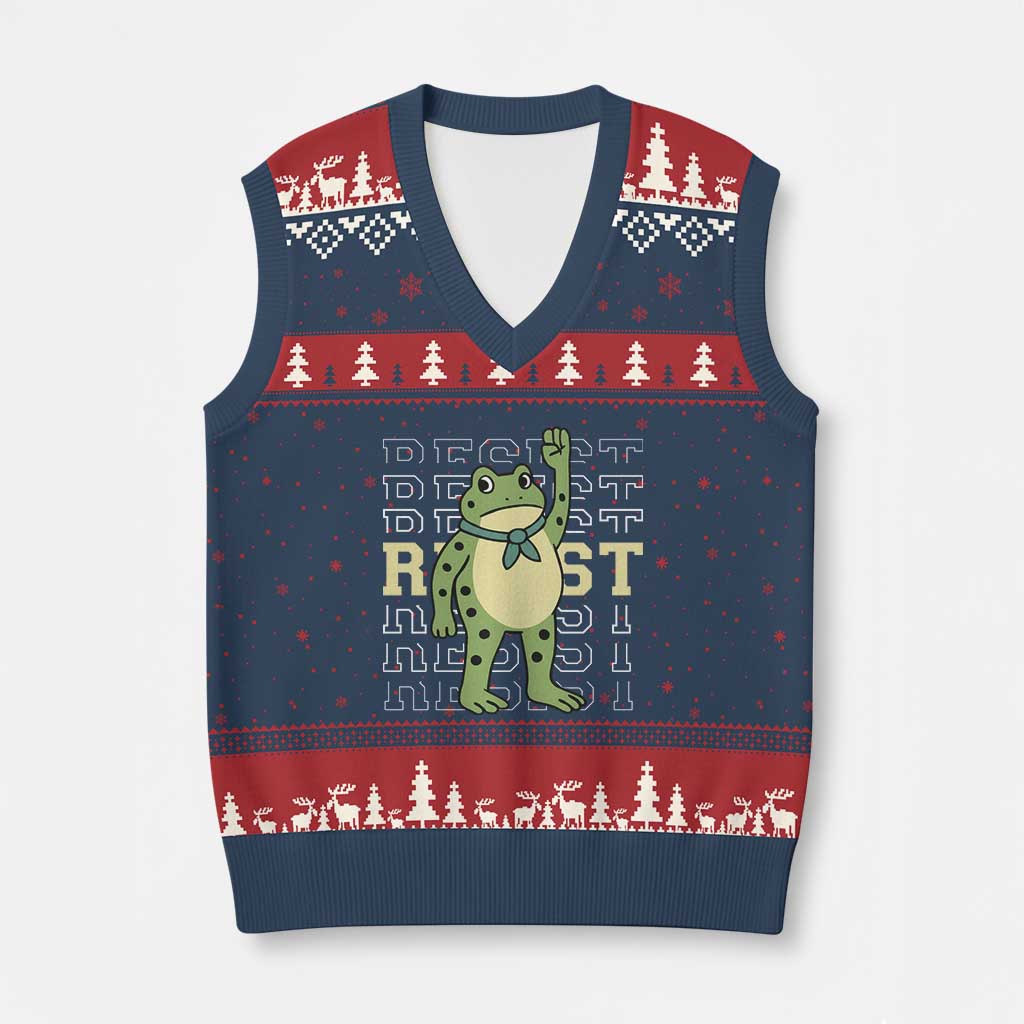 Resist Raised Fist Frog V-Neck Knit Sweater Vest Portland Protest Freedom Fighter - Wonder Print Shop