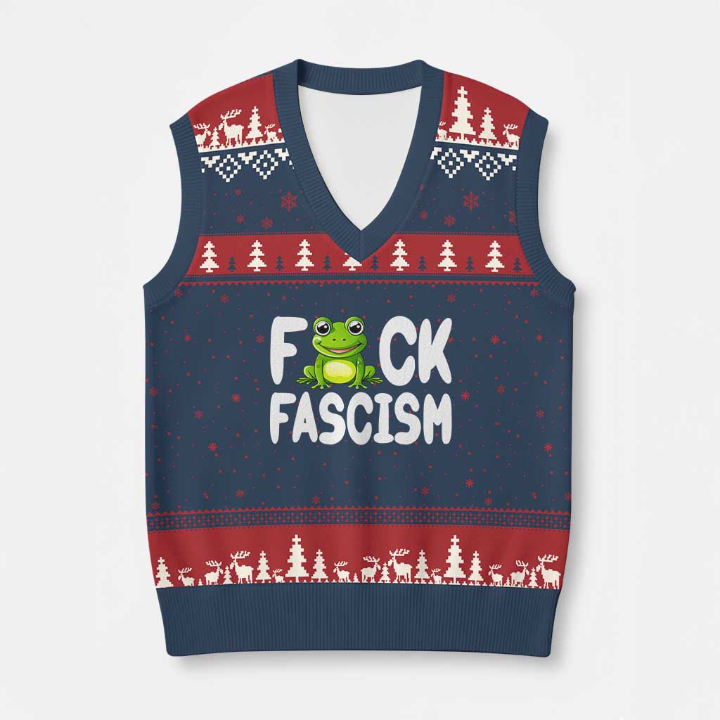 Funny Frog Fck Fascism V-Neck Knit Sweater Vest Resist Protest Human Rights - Wonder Print Shop