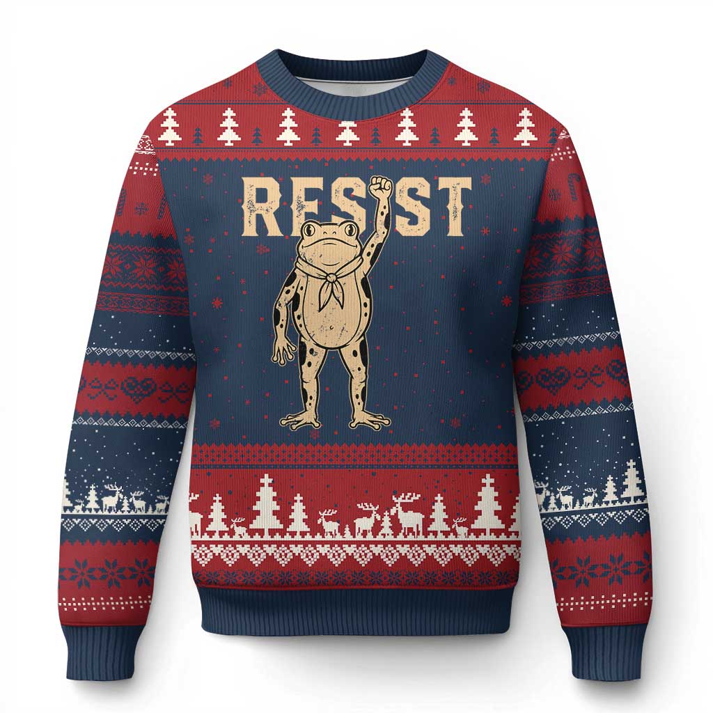Frog Resist Ugly Christmas Sweater Raised Fist Protest Fighter Retro Graphic - Wonder Print Shop