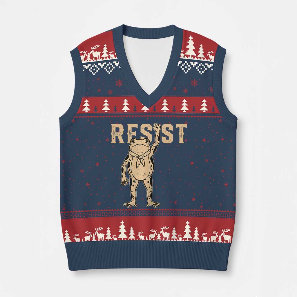Frog Resist V-Neck Knit Sweater Vest Raised Fist Protest Fighter Retro Graphic - Wonder Print Shop