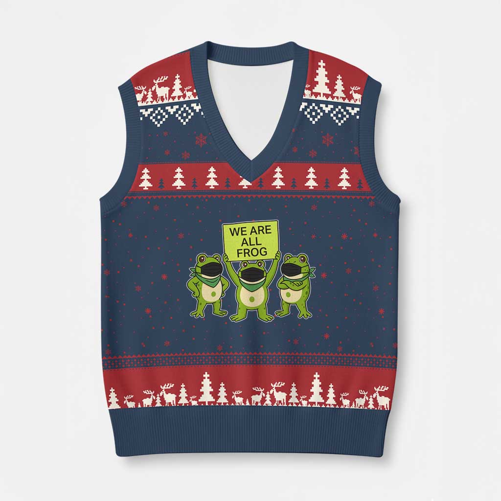 We Are All Frog V-Neck Knit Sweater Vest Frogs Protest Together Strong - Wonder Print Shop