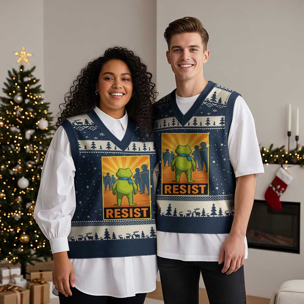 Resist Frog Graphic V-Neck Knit Sweater Vest Protest Stand Against Fascism - Wonder Print Shop