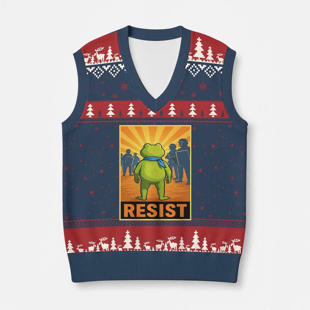 Resist Frog Graphic V-Neck Knit Sweater Vest Protest Stand Against Fascism - Wonder Print Shop
