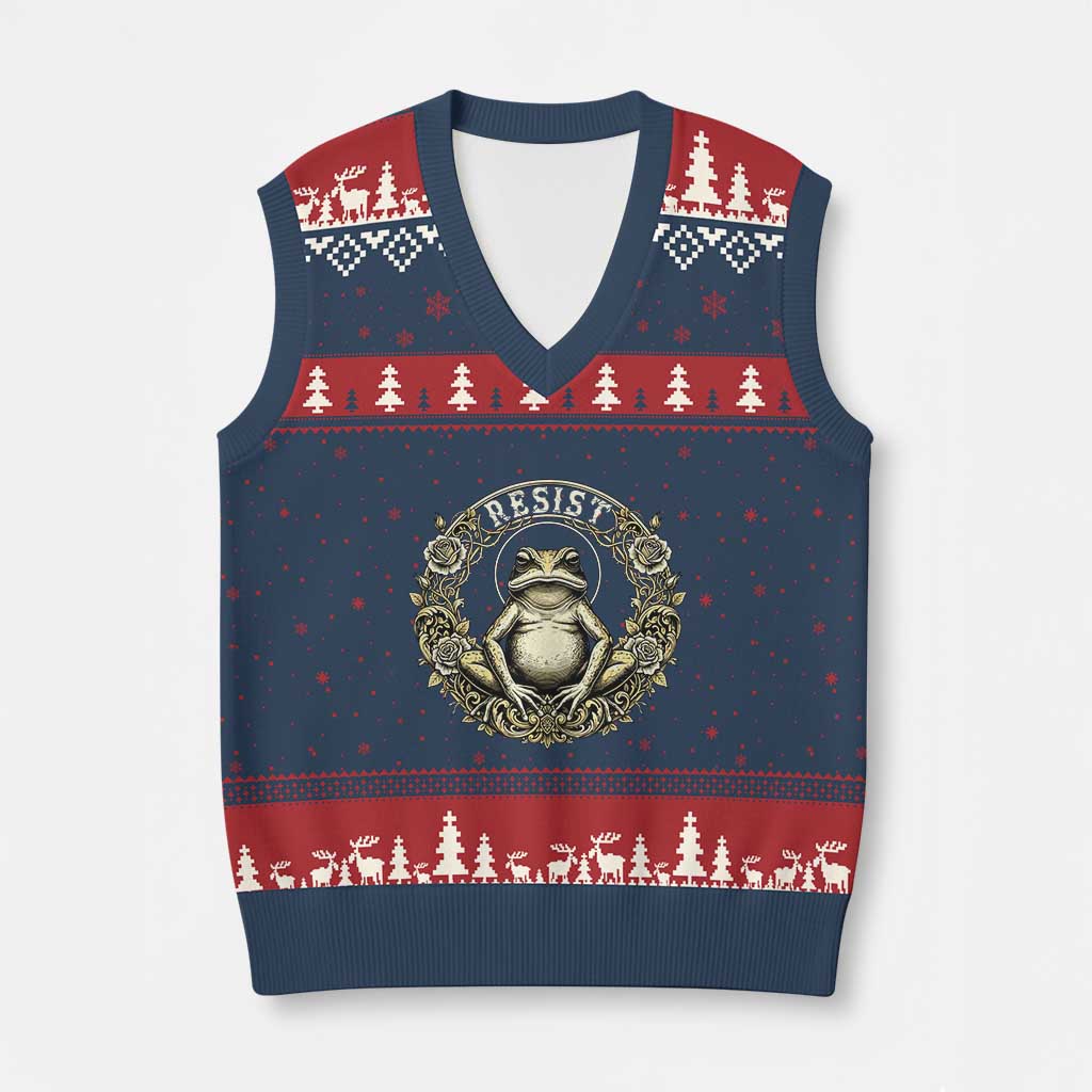 Zen Frog Resist V-Neck Knit Sweater Vest Sacred Resistance Protest Ornate Style Graphic - Wonder Print Shop