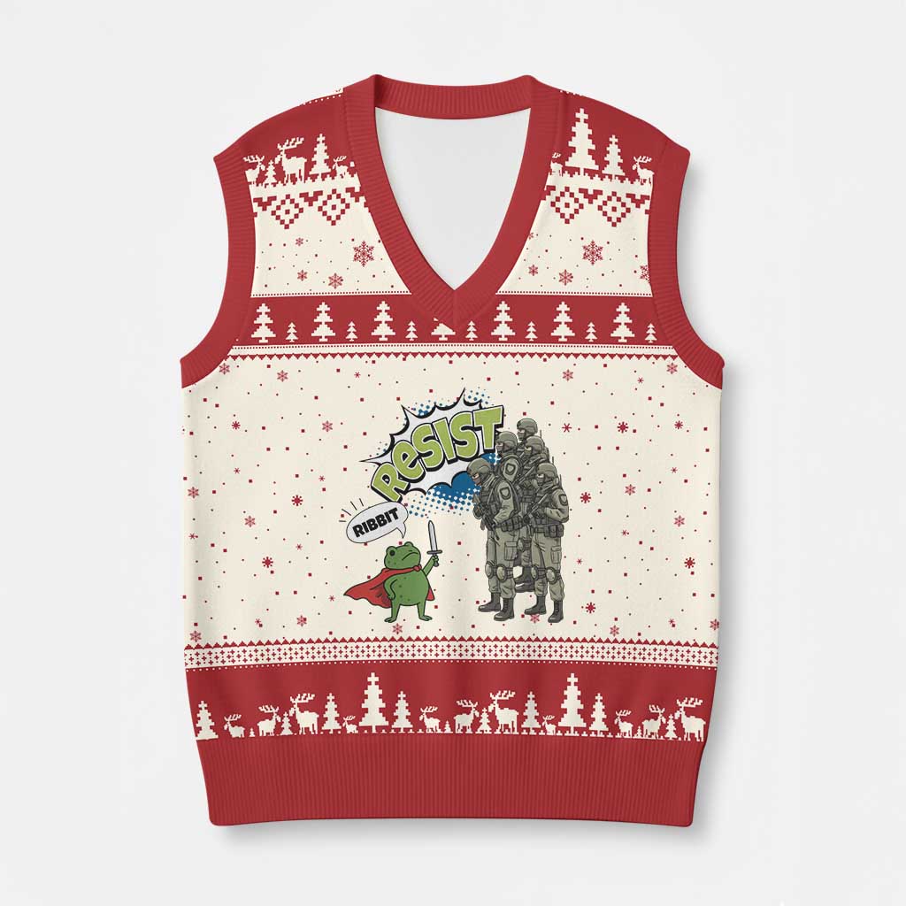 Funny Frog Protest Comic Graphic V-Neck Knit Sweater Vest Ribbit Resist Stand Against - Wonder Print Shop