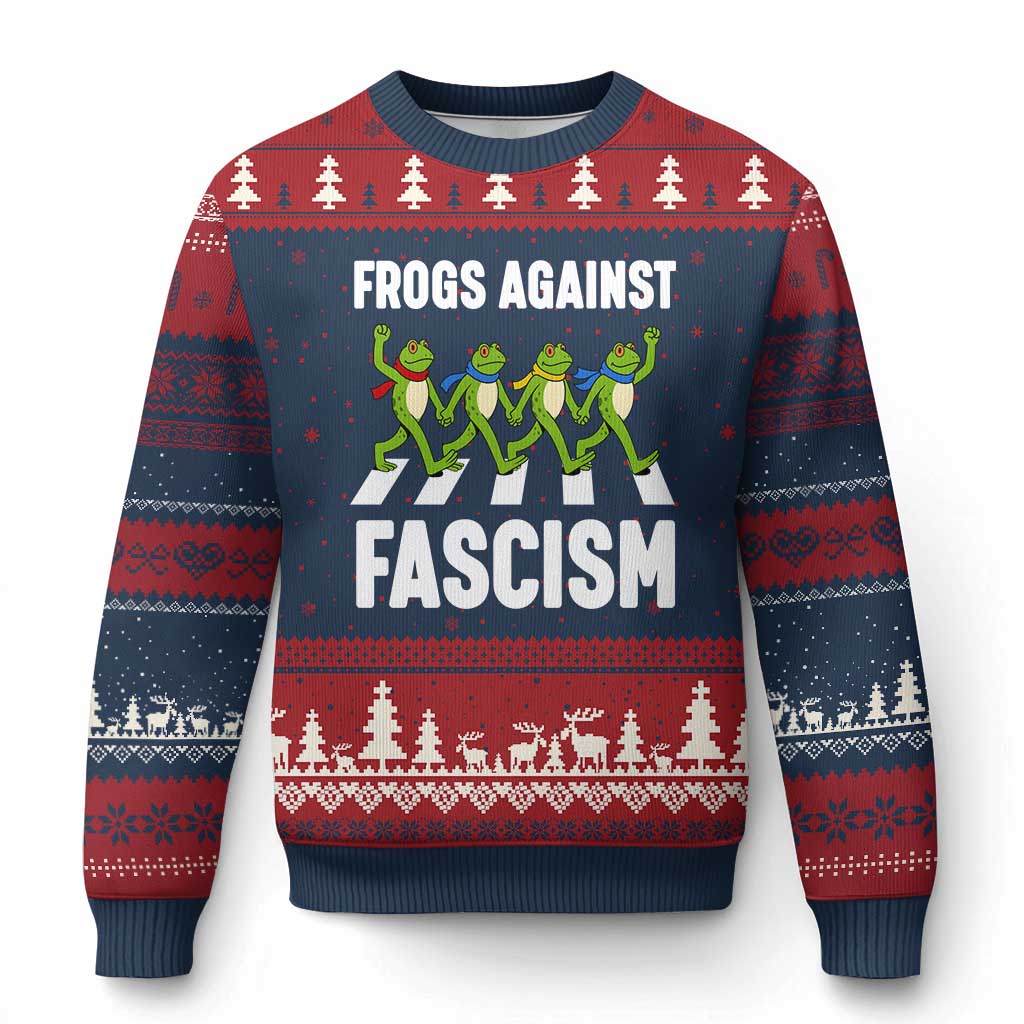 Walking Frog Against Fascism Ugly Christmas Sweater Frogs Band Resistance Protest - Wonder Print Shop