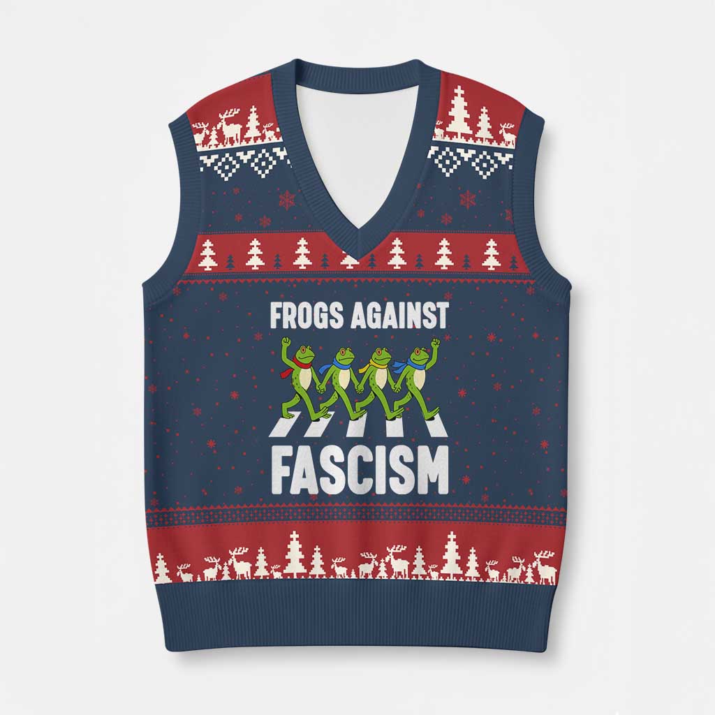 Walking Frog Against Fascism V-Neck Knit Sweater Vest Frogs Band Resistance Protest - Wonder Print Shop