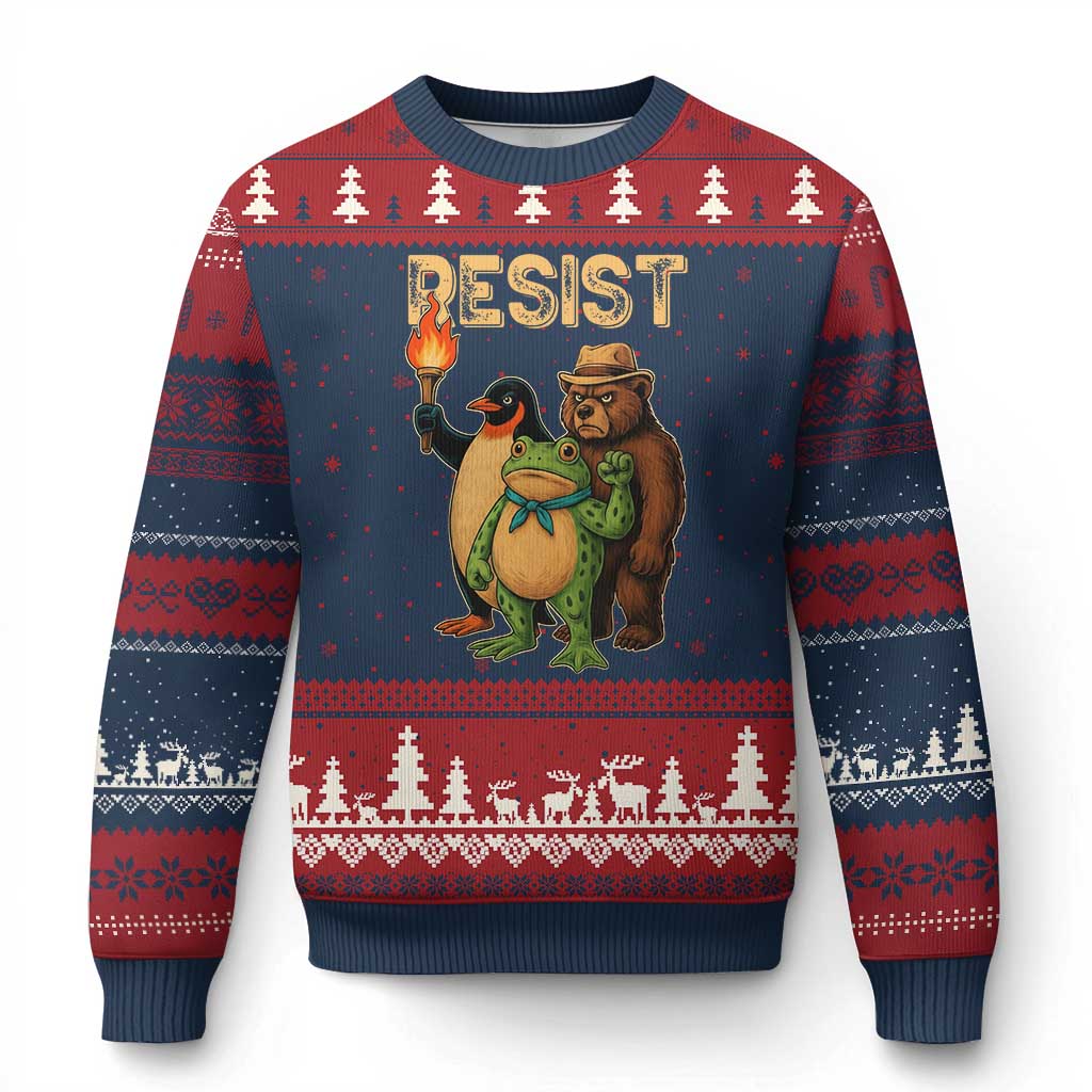 Resist Social Club 2025 Ugly Christmas Sweater Bear Penguin Frog Protest Unity for Social Justice - Wonder Print Shop
