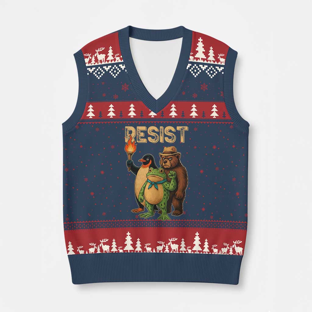 Resist Social Club 2025 V-Neck Knit Sweater Vest Bear Penguin Frog Protest Unity for Social Justice - Wonder Print Shop