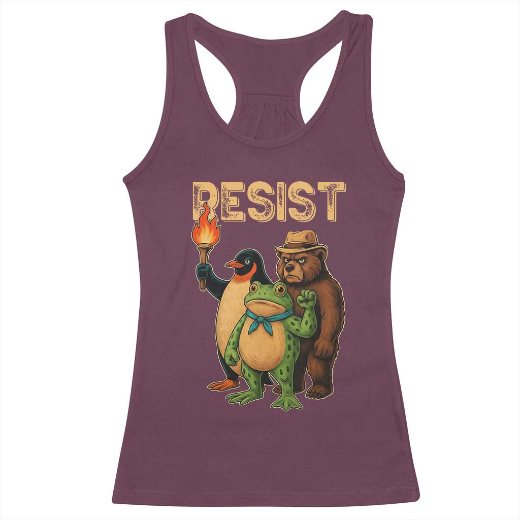 Resist Social Club 2025 Racerback Tank Top Bear Penguin Frog Protest Unity for Social Justice - Wonder Print Shop