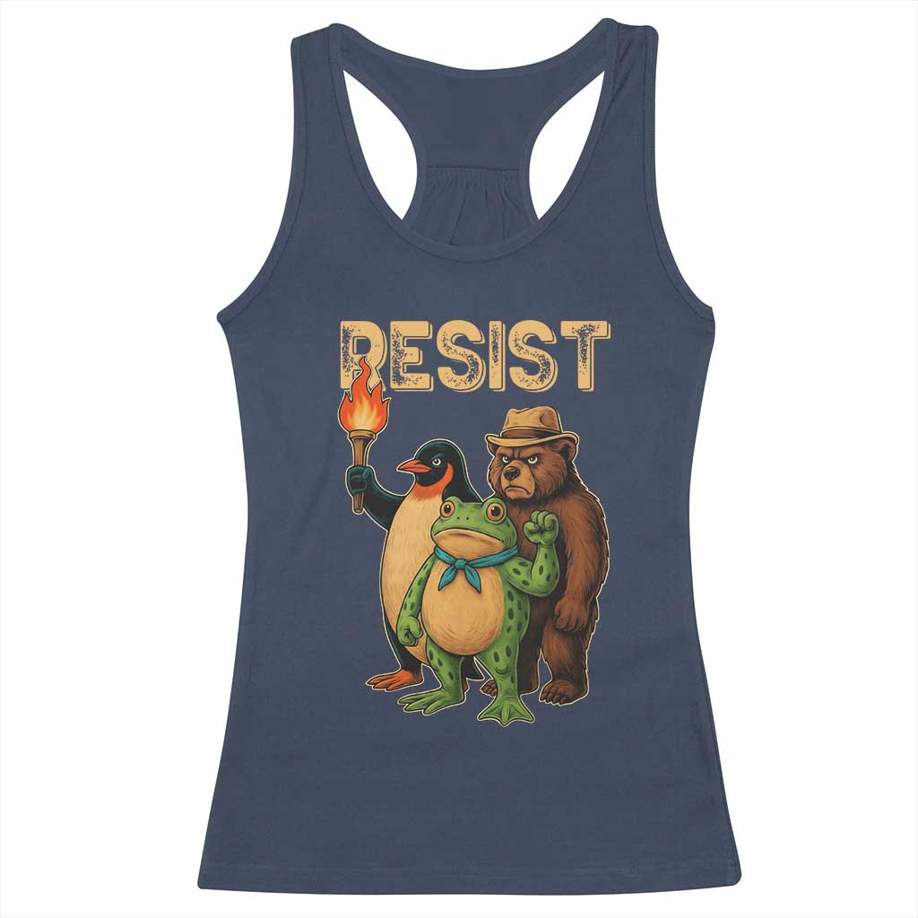 Resist Social Club 2025 Racerback Tank Top Bear Penguin Frog Protest Unity for Social Justice - Wonder Print Shop