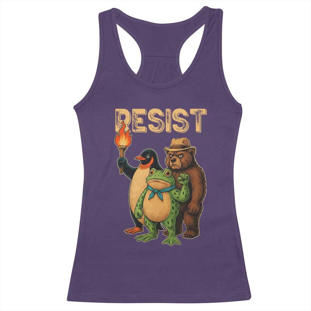 Resist Social Club 2025 Racerback Tank Top Bear Penguin Frog Protest Unity for Social Justice - Wonder Print Shop