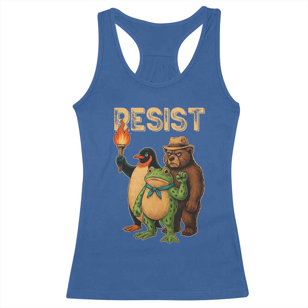 Resist Social Club 2025 Racerback Tank Top Bear Penguin Frog Protest Unity for Social Justice - Wonder Print Shop