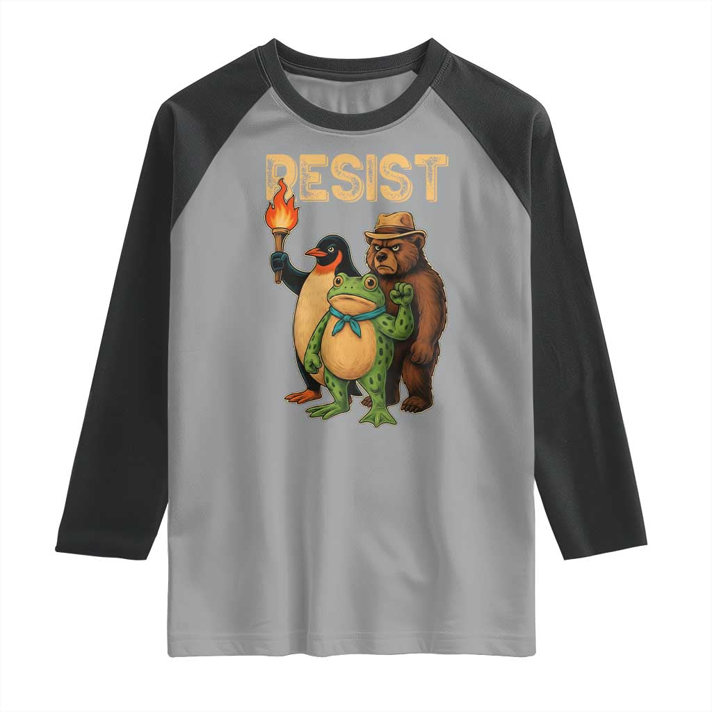 Resist Social Club 2025 Raglan Shirt Bear Penguin Frog Protest Unity for Social Justice - Wonder Print Shop