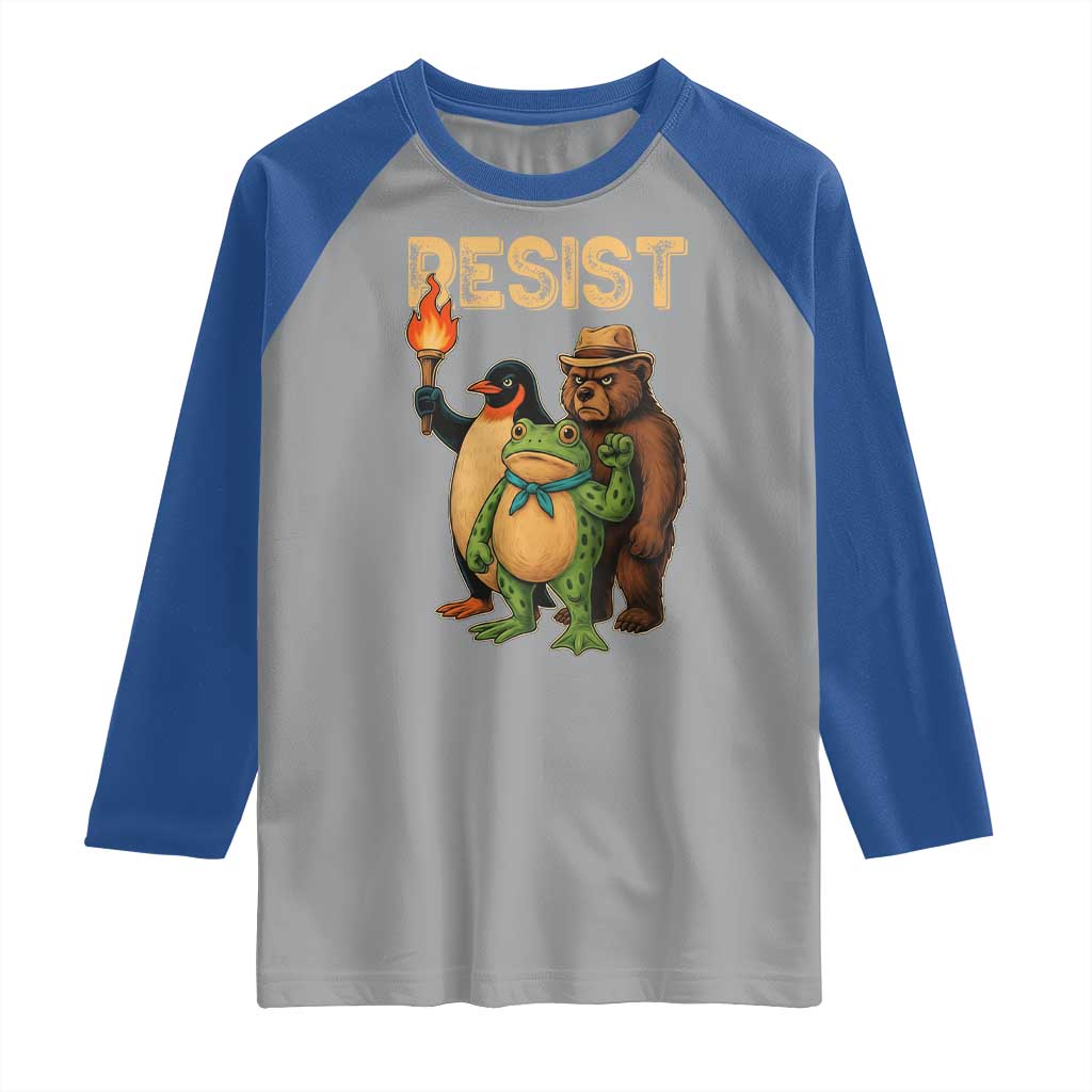 Resist Social Club 2025 Raglan Shirt Bear Penguin Frog Protest Unity for Social Justice - Wonder Print Shop