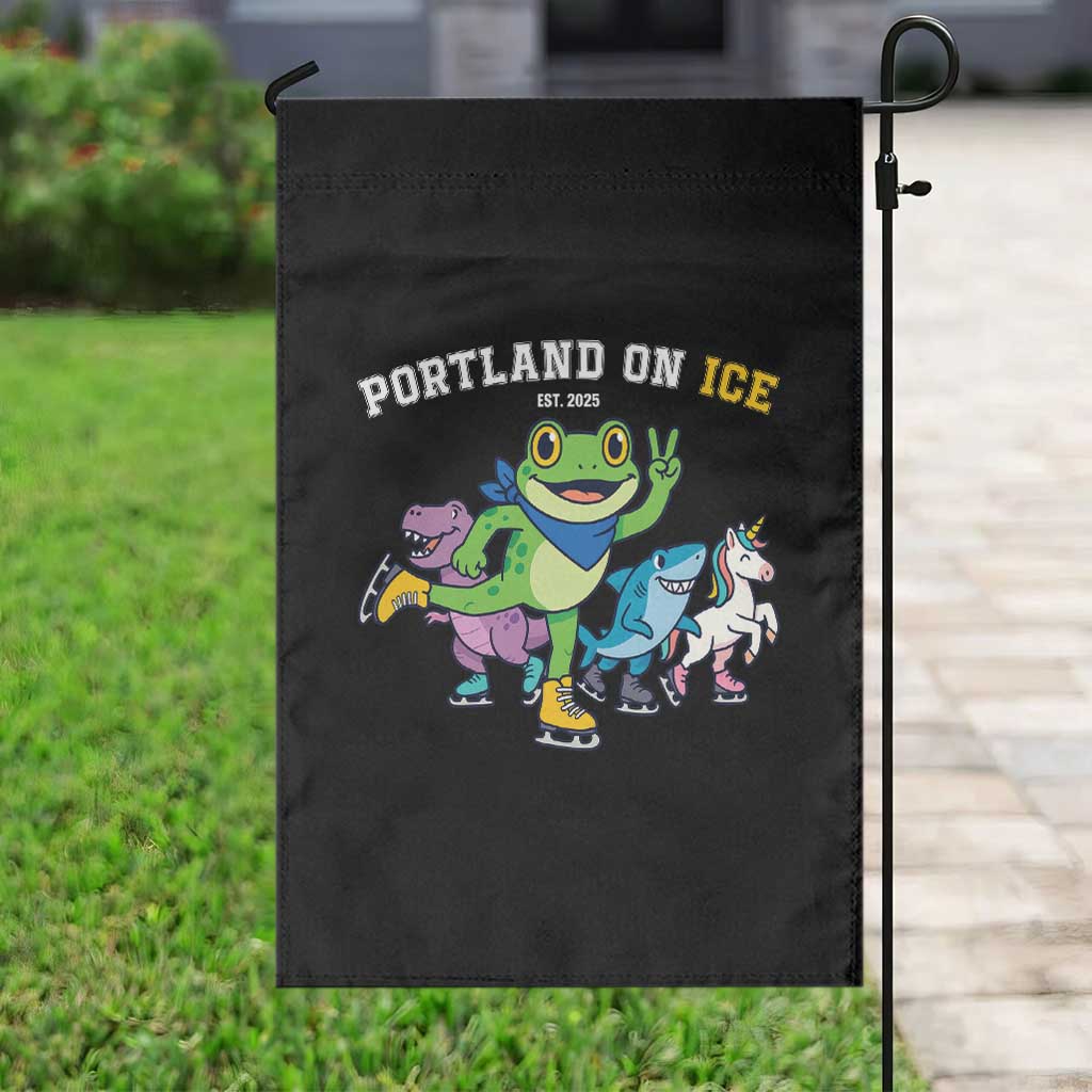 Portland On Ice 2025 Garden Flag Resist Frog and Inflatable Animals Protest Sarcastic Politics - Wonder Print Shop