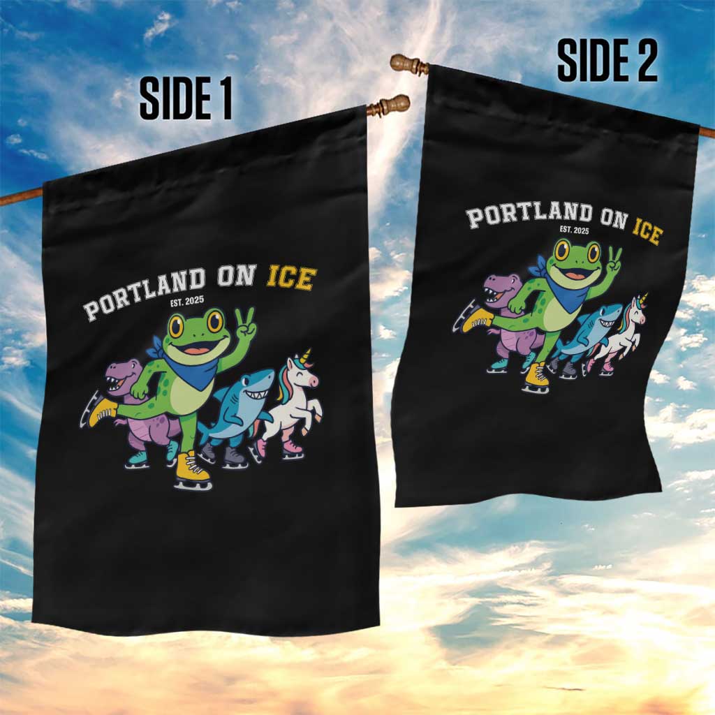 Portland On Ice 2025 Garden Flag Resist Frog and Inflatable Animals Protest Sarcastic Politics - Wonder Print Shop