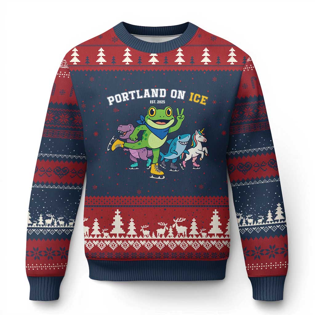 Portland On Ice 2025 Ugly Christmas Sweater Resist Frog and Inflatable Animals Protest Sarcastic Politics - Wonder Print Shop