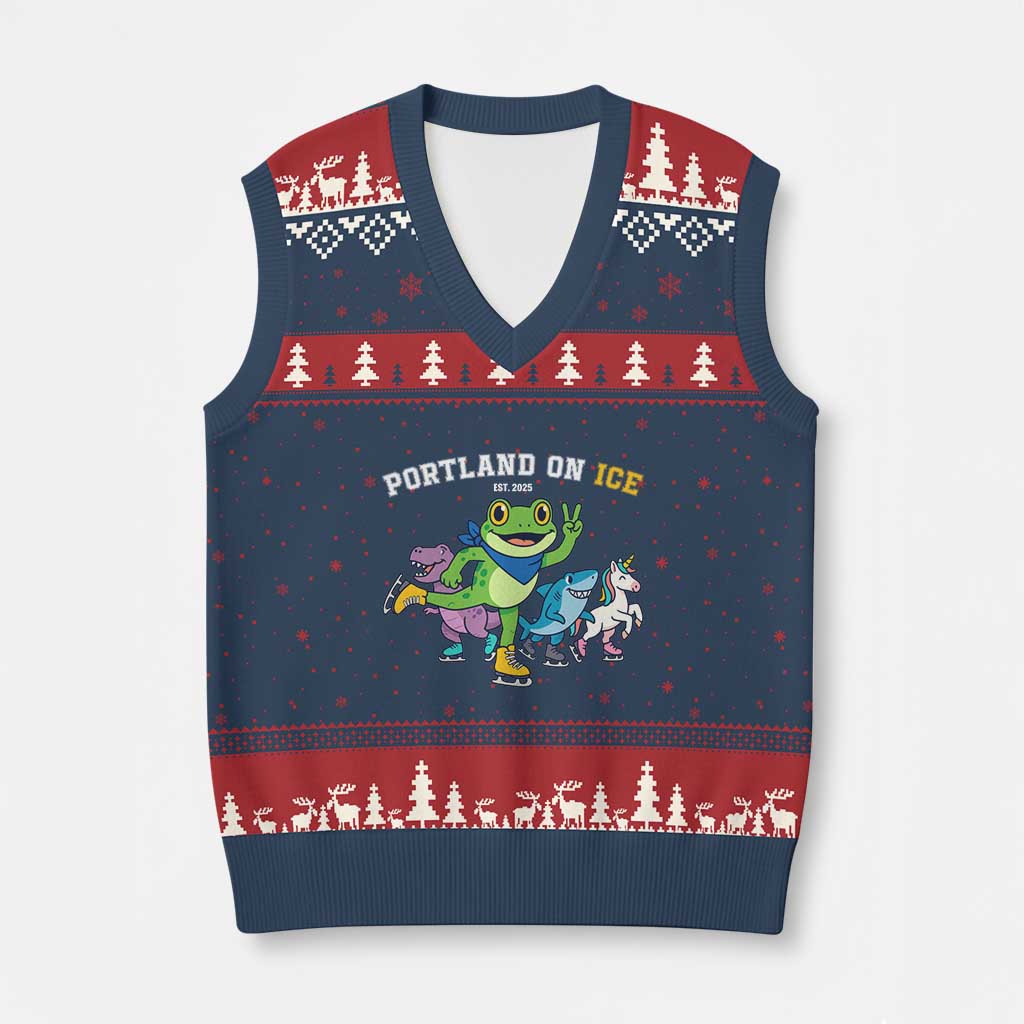 Portland On Ice 2025 V-Neck Knit Sweater Vest Resist Frog and Inflatable Animals Protest Sarcastic Politics - Wonder Print Shop
