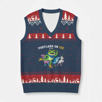 Portland On Ice 2025 V-Neck Knit Sweater Vest Resist Frog and Inflatable Animals Protest Sarcastic Politics - Wonder Print Shop