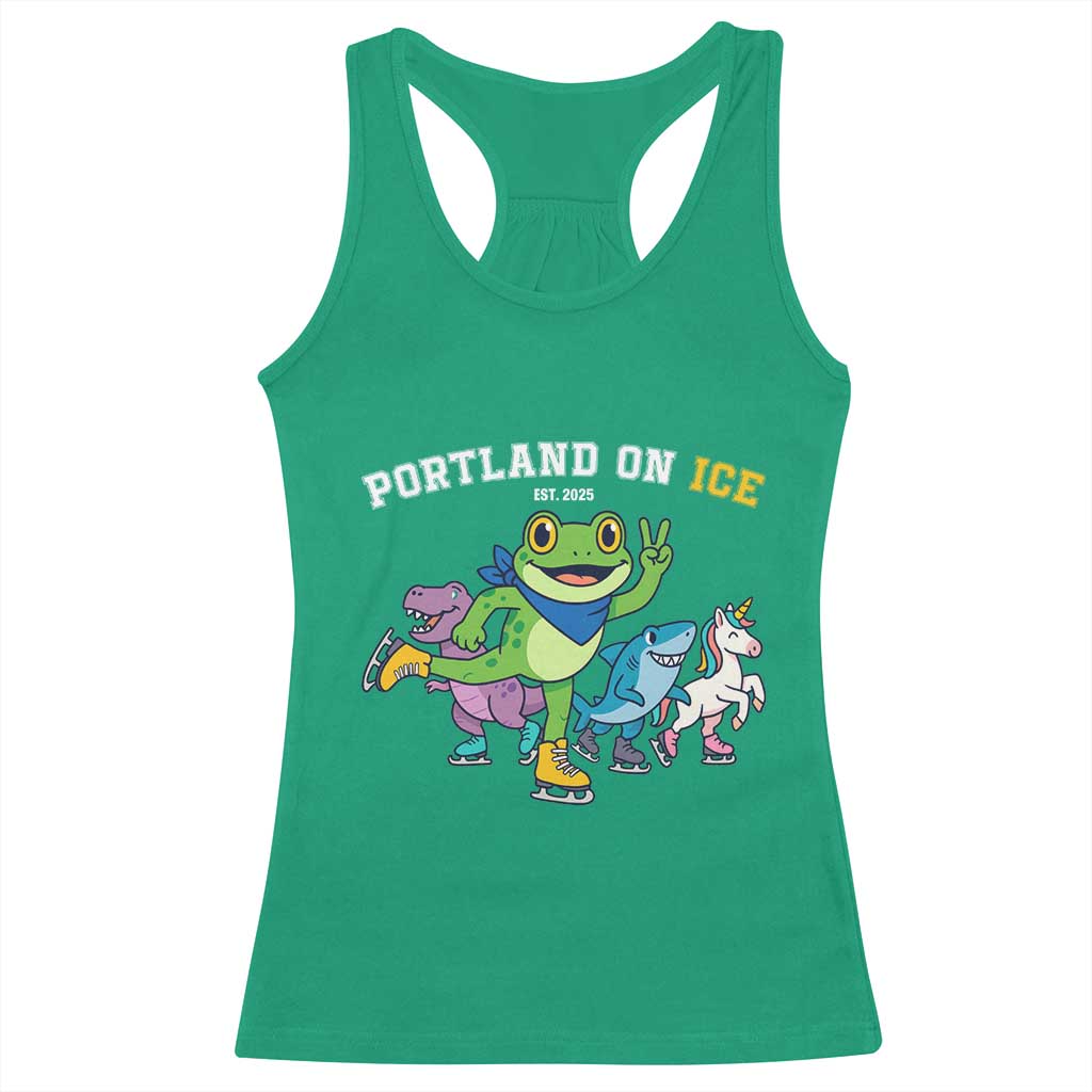 Portland On Ice 2025 Racerback Tank Top Resist Frog and Inflatable Animals Protest Sarcastic Politics - Wonder Print Shop