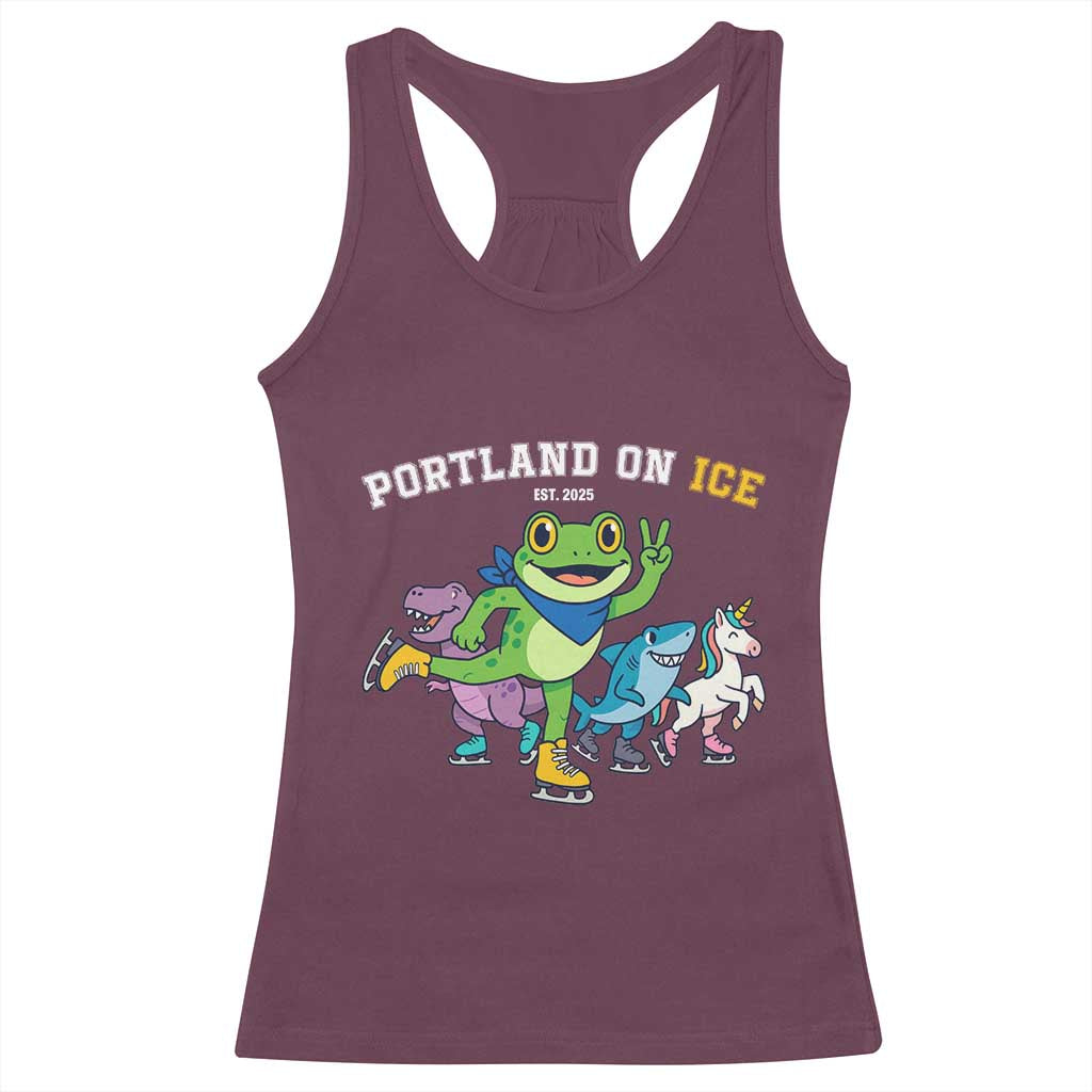 Portland On Ice 2025 Racerback Tank Top Resist Frog and Inflatable Animals Protest Sarcastic Politics - Wonder Print Shop