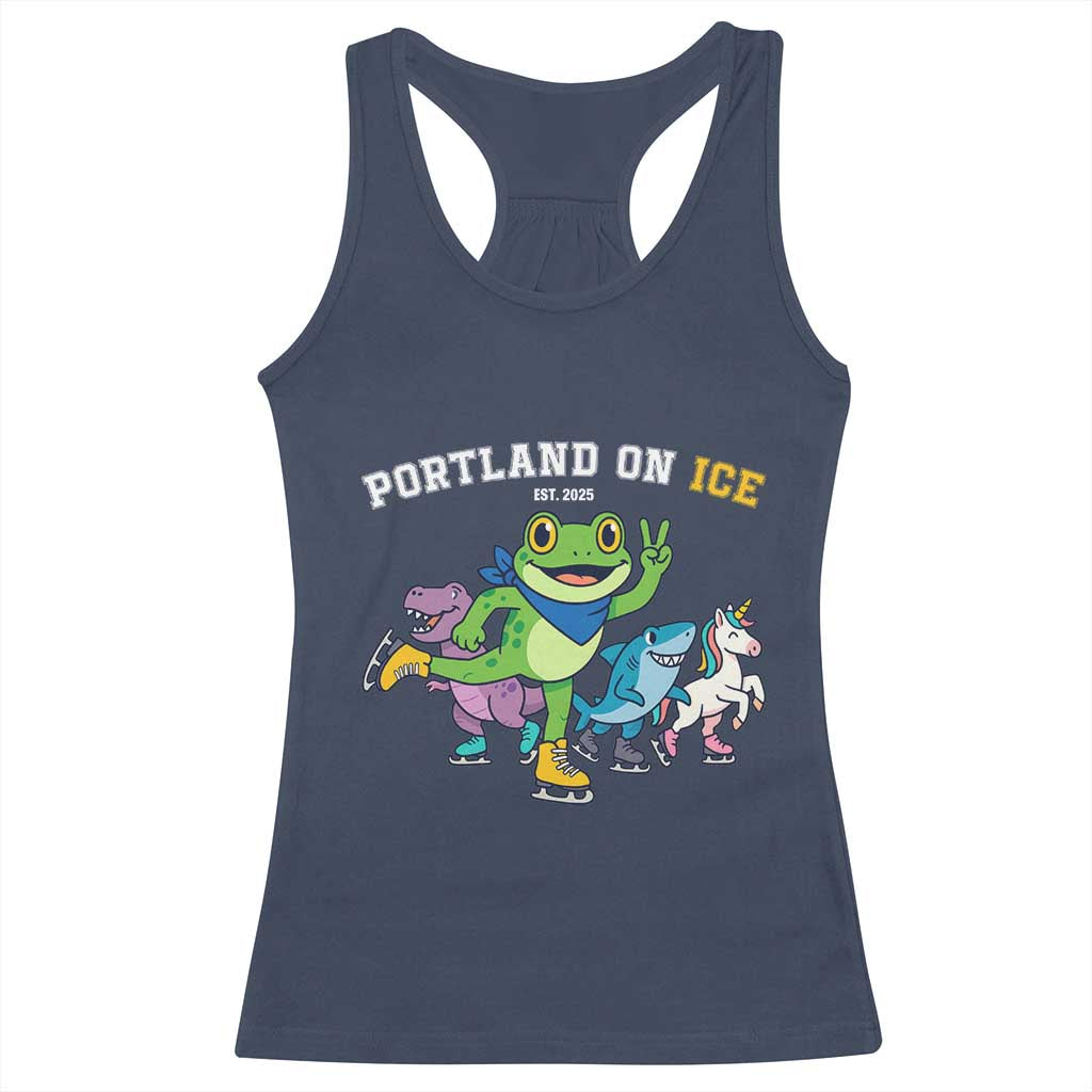 Portland On Ice 2025 Racerback Tank Top Resist Frog and Inflatable Animals Protest Sarcastic Politics - Wonder Print Shop