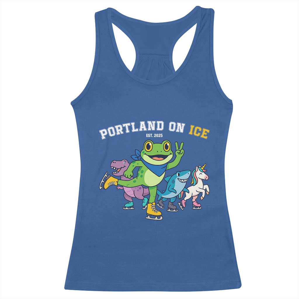 Portland On Ice 2025 Racerback Tank Top Resist Frog and Inflatable Animals Protest Sarcastic Politics - Wonder Print Shop