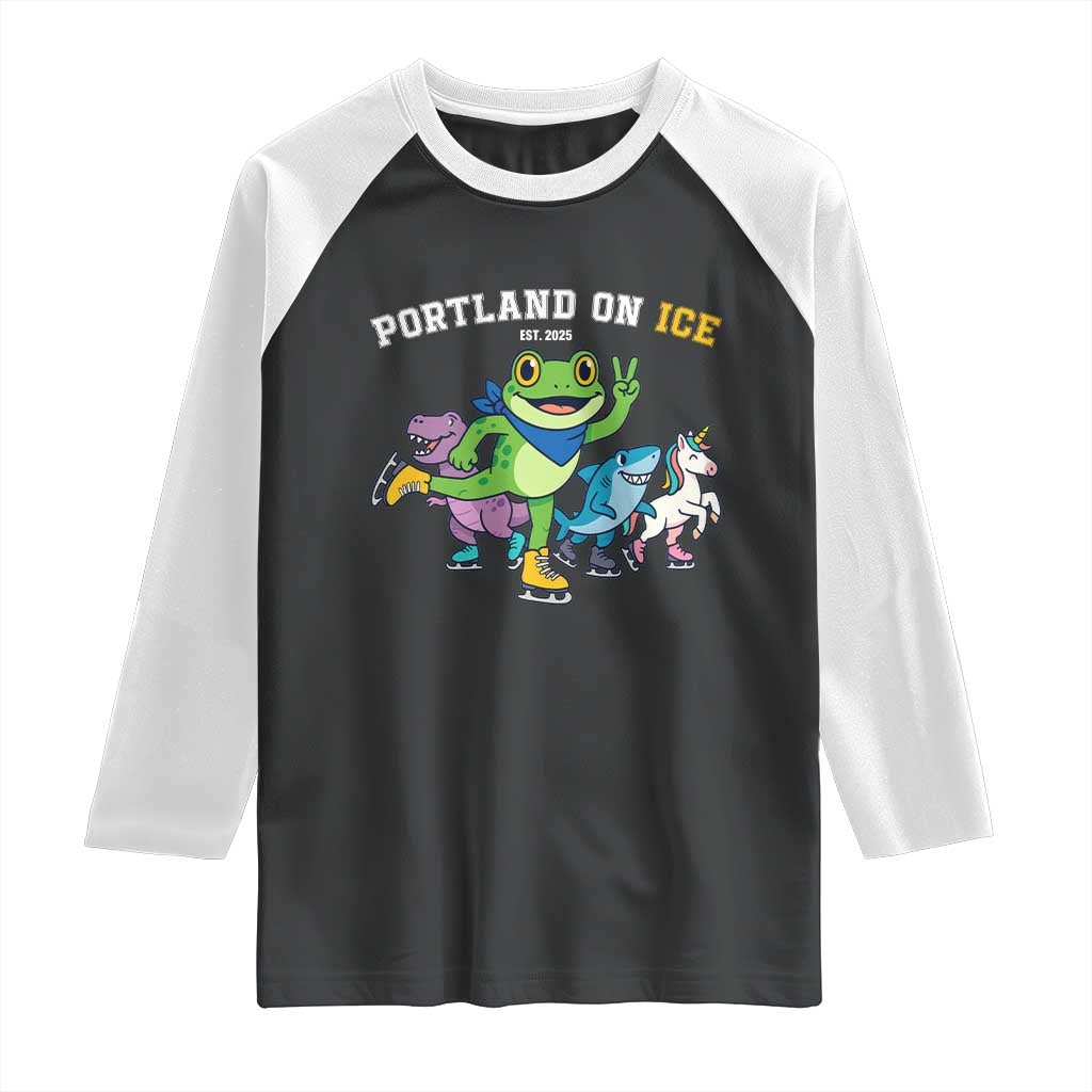Portland On Ice 2025 Raglan Shirt Resist Frog and Inflatable Animals Protest Sarcastic Politics - Wonder Print Shop