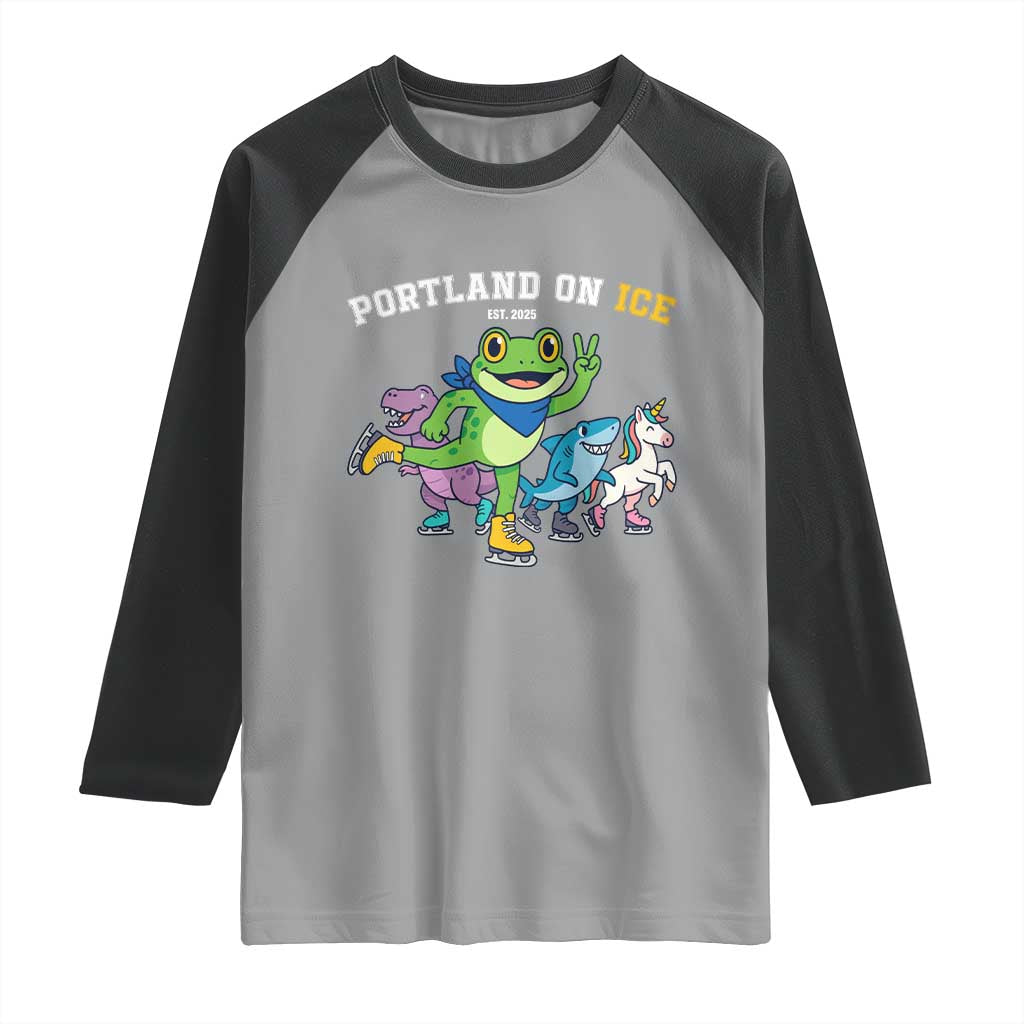 Portland On Ice 2025 Raglan Shirt Resist Frog and Inflatable Animals Protest Sarcastic Politics - Wonder Print Shop
