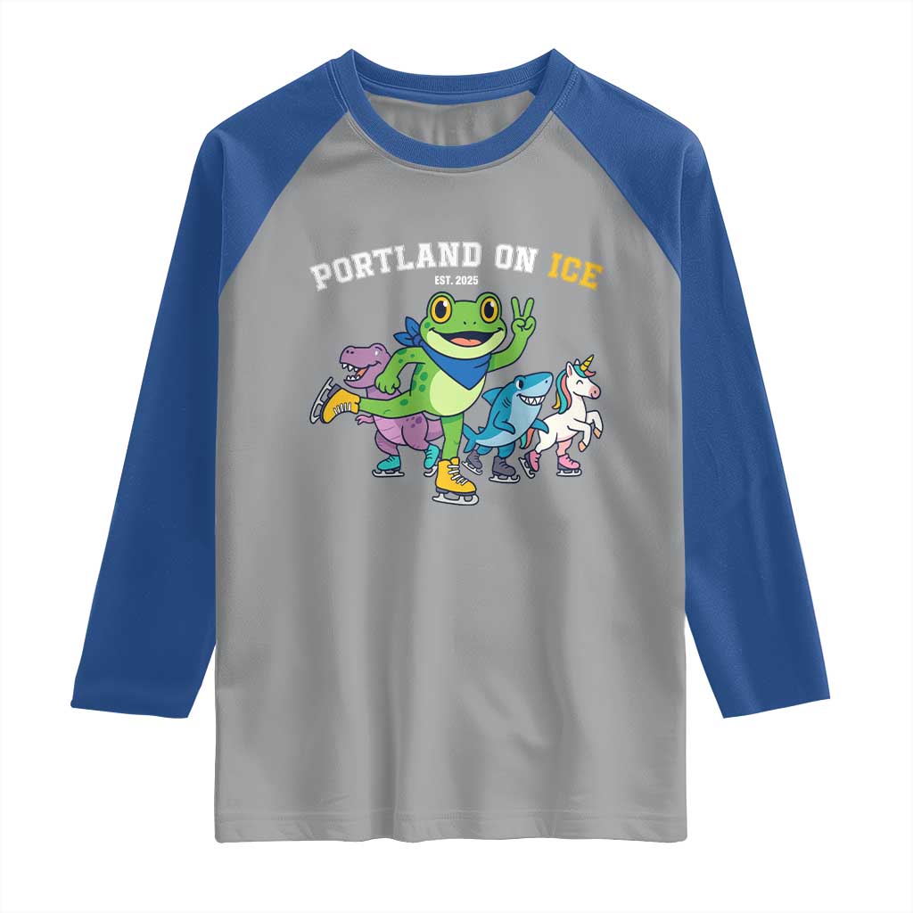 Portland On Ice 2025 Raglan Shirt Resist Frog and Inflatable Animals Protest Sarcastic Politics - Wonder Print Shop