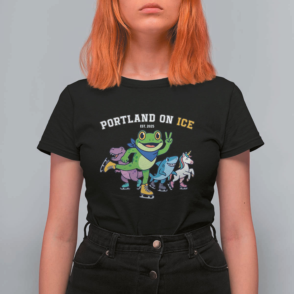 Portland On Ice 2025 T Shirt For Women Resist Frog and Inflatable Animals Protest Sarcastic Politics - Wonder Print Shop