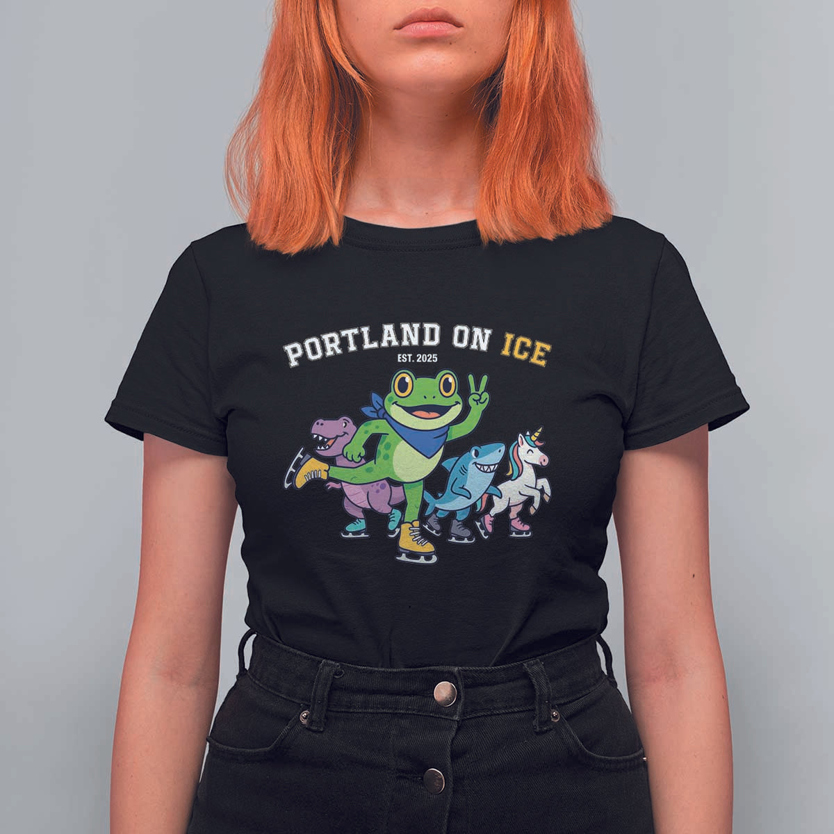 Portland On Ice 2025 T Shirt For Women Resist Frog and Inflatable Animals Protest Sarcastic Politics - Wonder Print Shop
