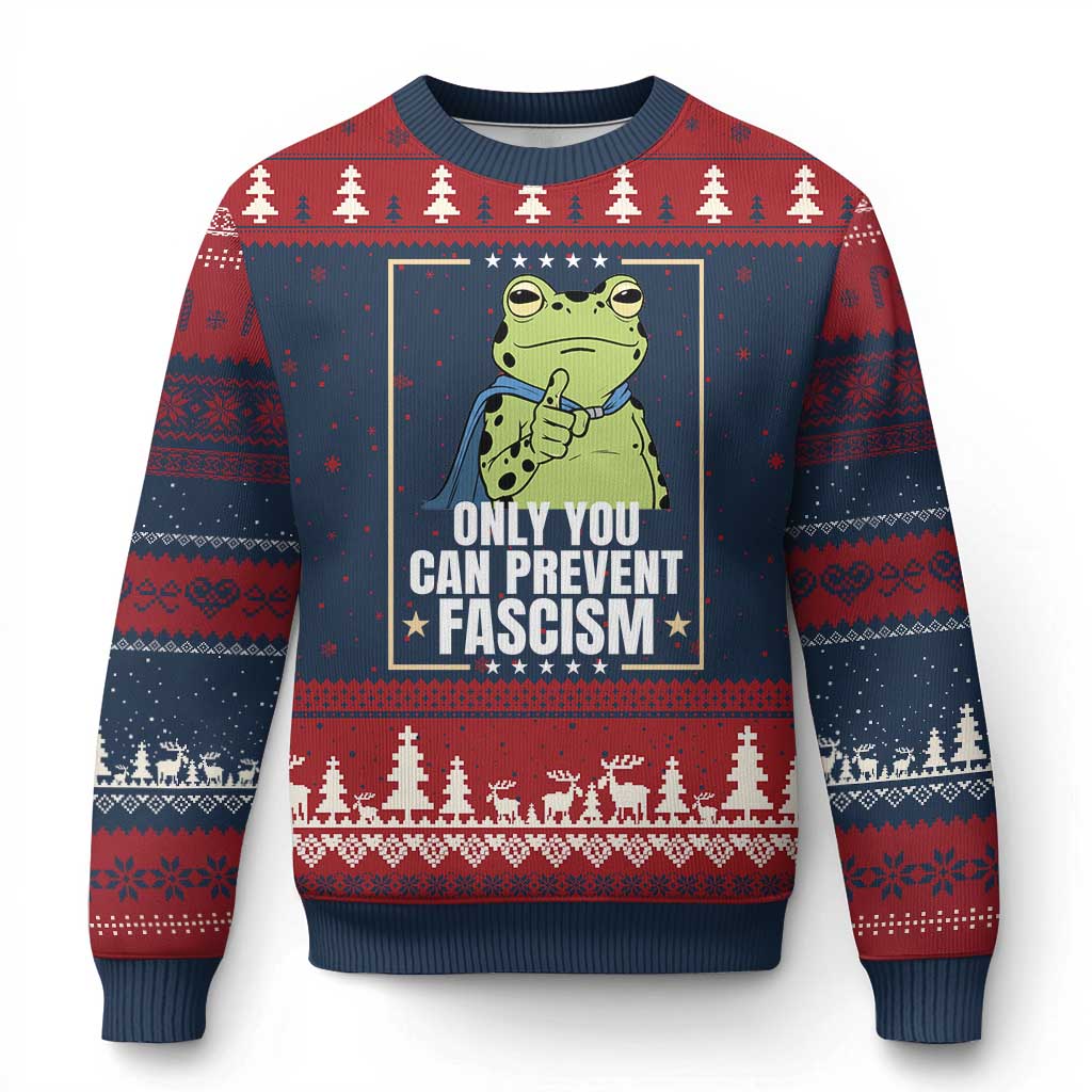 Only You Can Prevent Fascism Patriotic Frog Ugly Christmas Sweater Resist Protest Poster - Wonder Print Shop