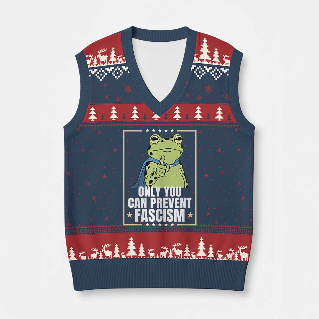 Only You Can Prevent Fascism Patriotic Frog V-Neck Knit Sweater Vest Resist Protest Poster - Wonder Print Shop