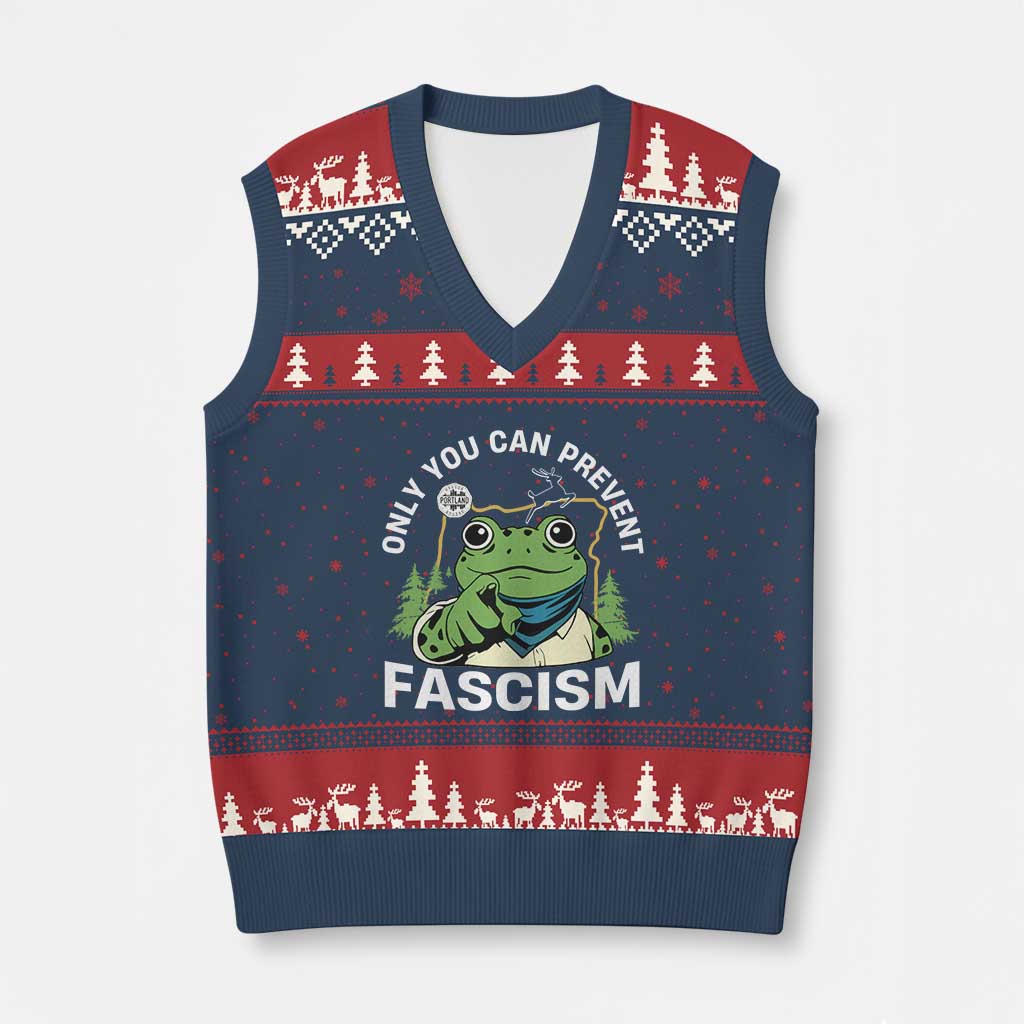 Only You Can Prevent Fascism Portland Frog V-Neck Knit Sweater Vest Resist Protest Scenic Edition - Wonder Print Shop